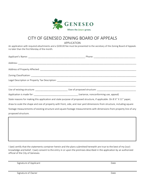 First page of the Zoning Board of Appeals Application