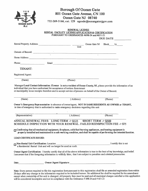 First page of the Rental Facility License Renewal Application