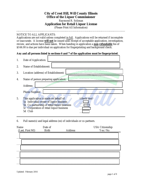 First page of the Application for Retail Liquor License