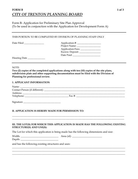 First page of the Form B – Application for Preliminary Site Plan Approval