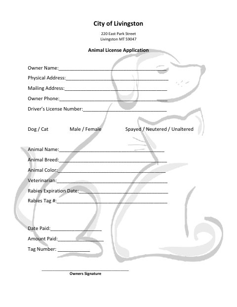 First page of the Animal License Application
