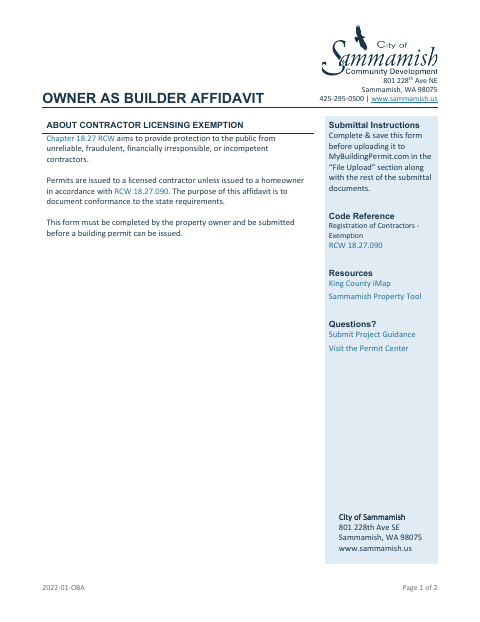 First page of the Owner As Builder Affidavit