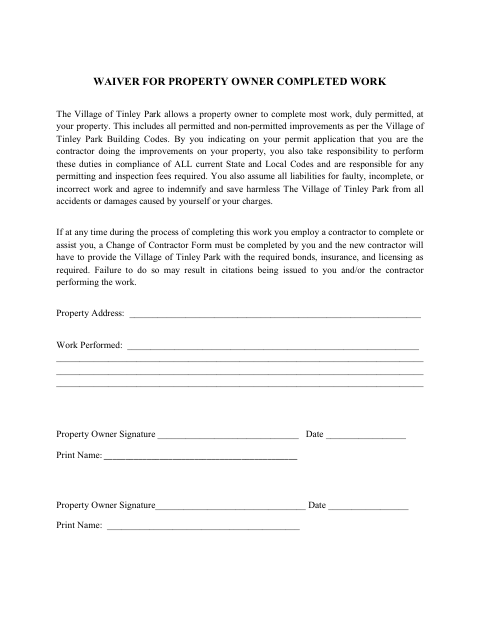 First page of the Waiver for Property Owner Completed Work