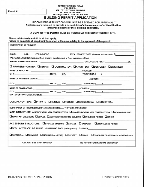 First page of the Building Permit Application