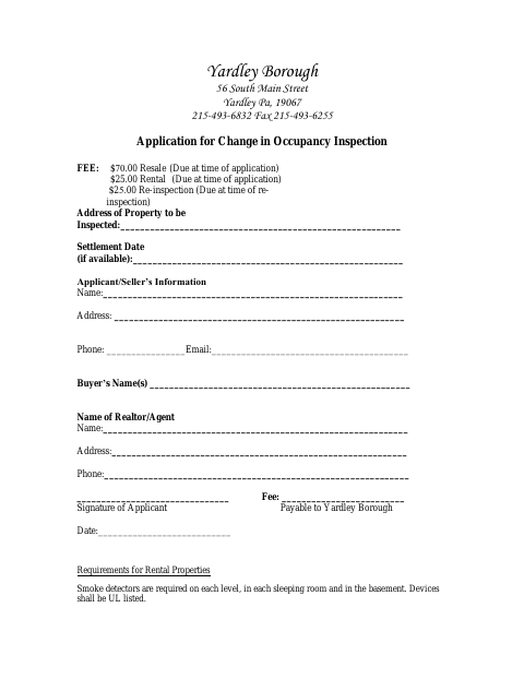 First page of the Application for Change in Occupancy Inspection