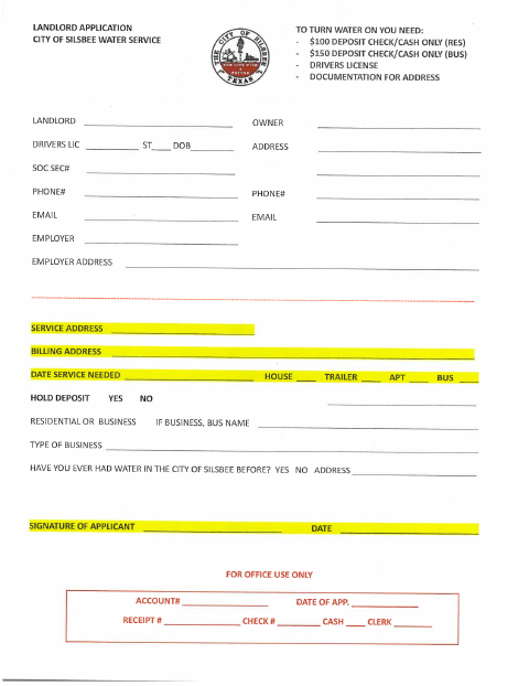 First page of the Landlord Water Service Application