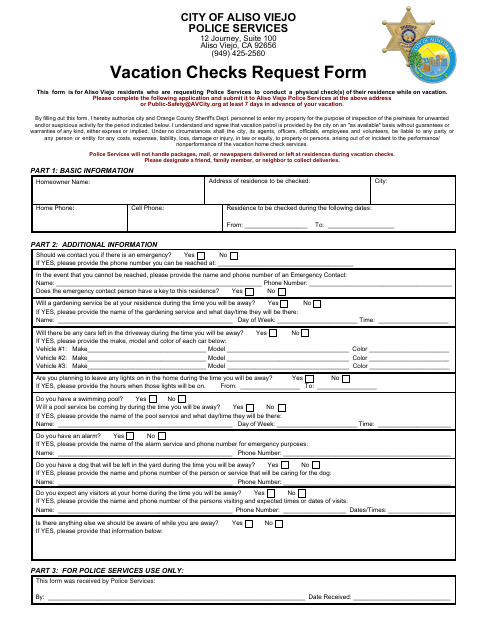 First page of the Vacation Home Check Form