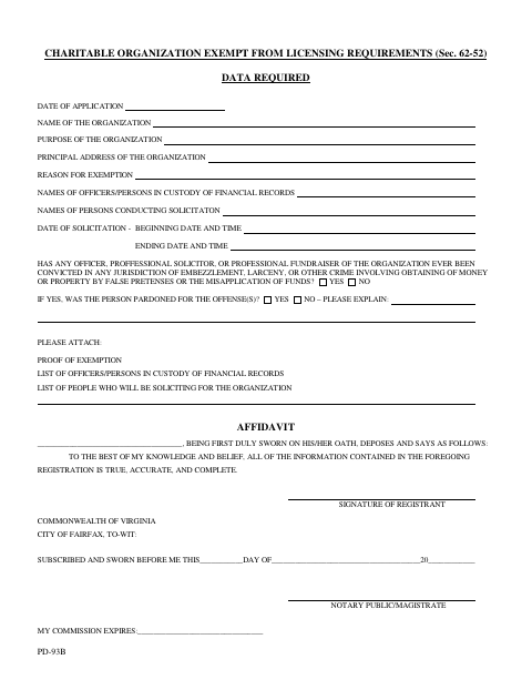 First page of the Charitable Organization Exempt From Licensing Requirements Application