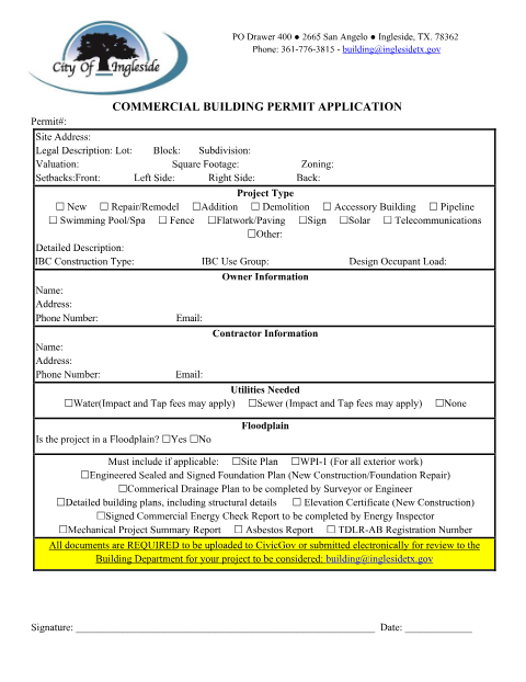 First page of the Commercial Building Permit Application