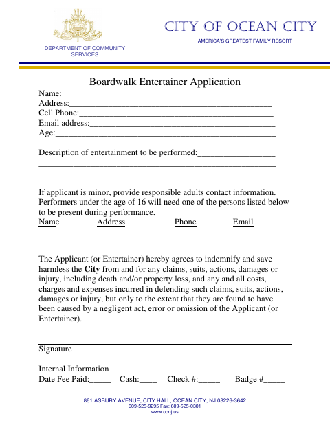 First page of the Boardwalk Entertainer Application
