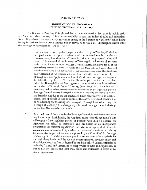 First page of the Public Property Use Agreement Form