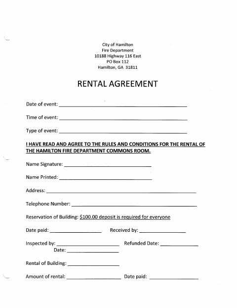 First page of the Fire Department Rental Agreement