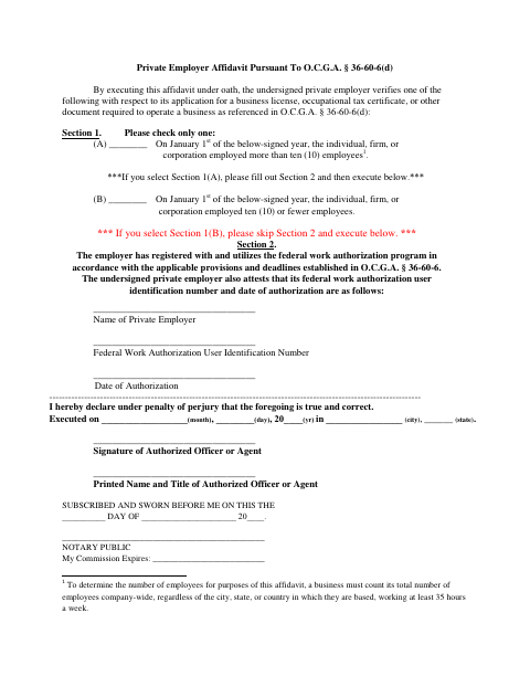First page of the Private Employer Affidavit