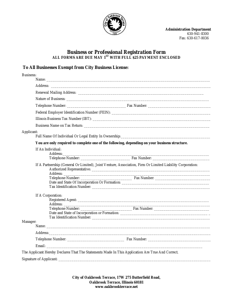 First page of the Business or Professional Registration Form