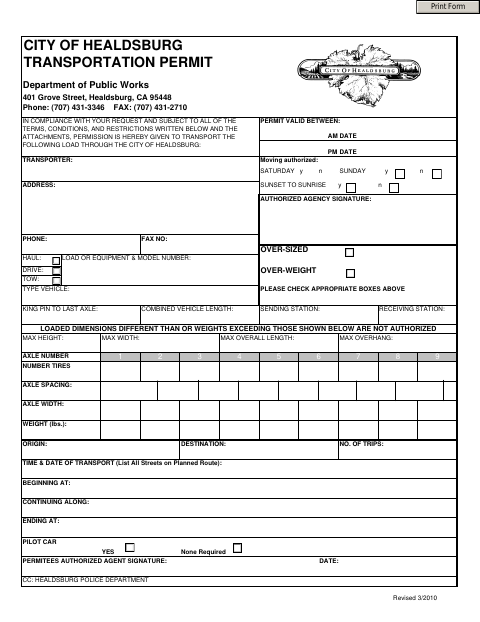 First page of the Transportation Permit Application