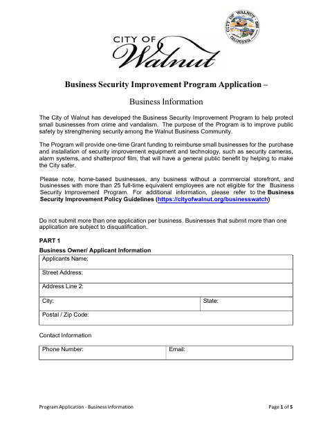 First page of the Business Security Improvement Grant Application