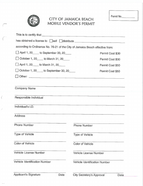 First page of the Mobile Vendor Permit