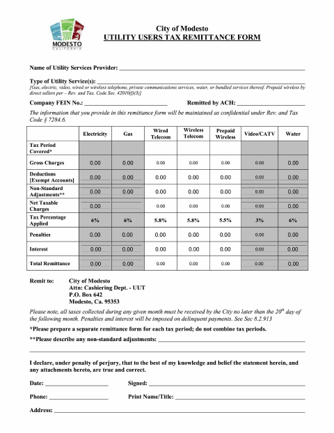 First page of the Utility Users Tax Remittance Form