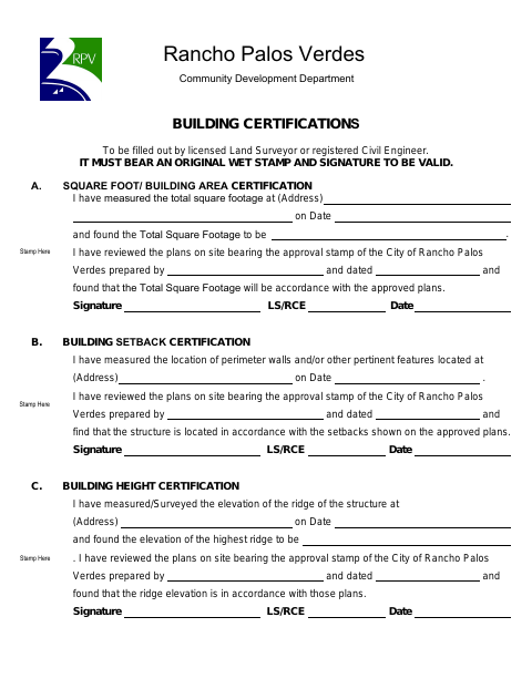 First page of the Building Height and Location Certification