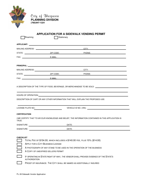 First page of the Sidewalk Vendor Application