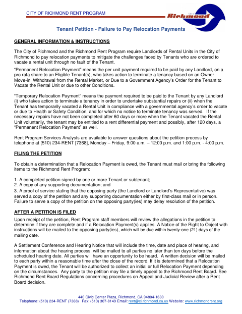 First page of the Tenant Petition - Failure to Pay Relocation Payments