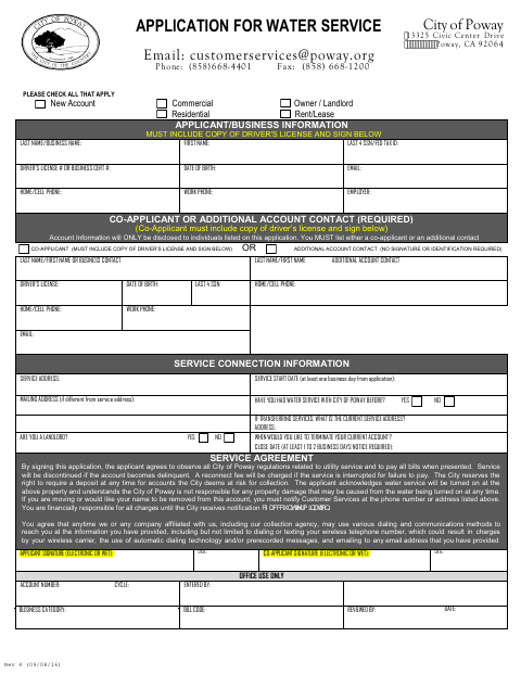 First page of the Application for Water Service