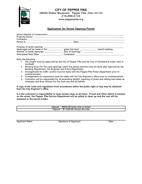 First page of the Street Opening Permit