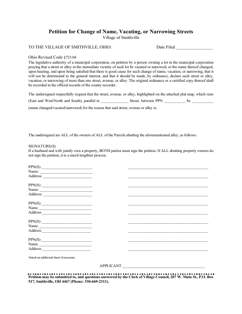 First page of the Petition for Change of Name, Vacating, or Narrowing Streets