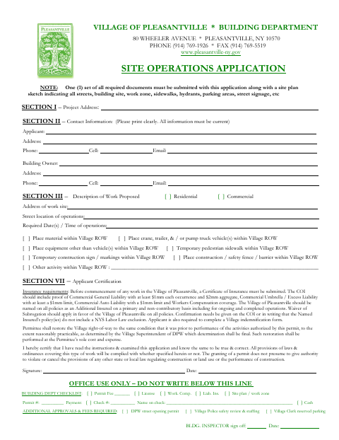 First page of the Site Operations Application