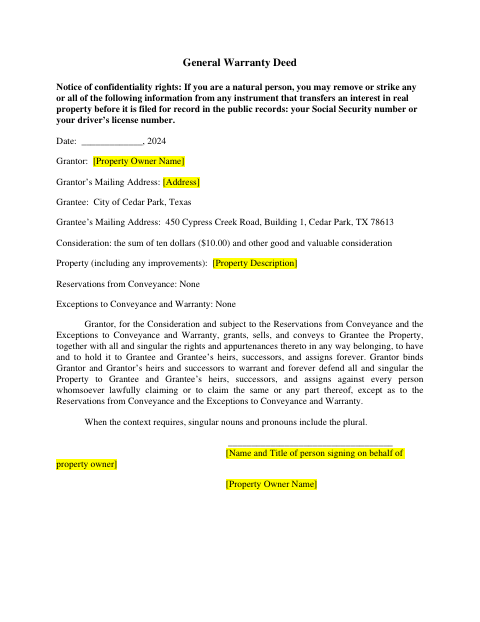 First page of the General Warranty Deed