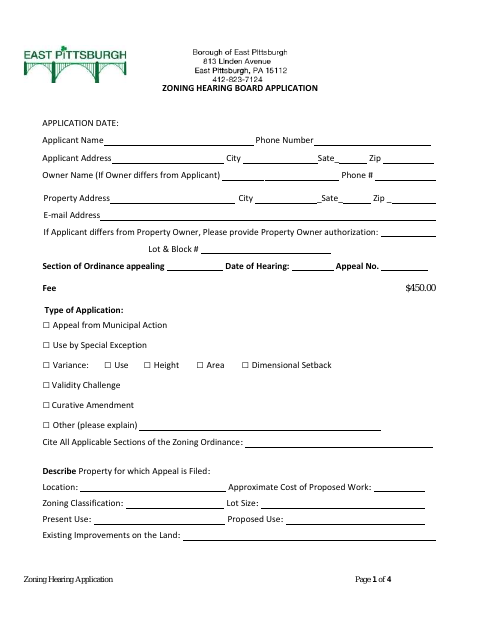 First page of the Zoning Hearing Board Application