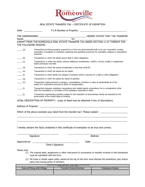 First page of the Real Estate Transfer Tax – Certificate of Exemption