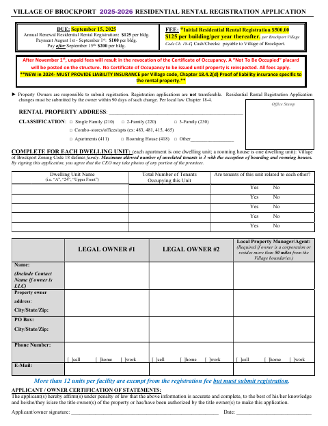 First page of the Residential Rental Registration Application