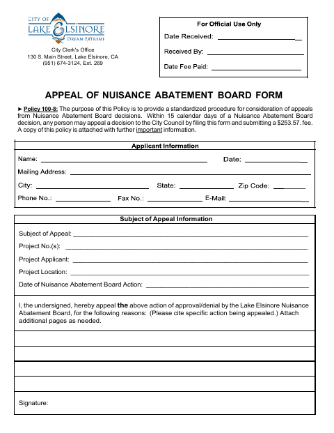 First page of the Appeal of Nuisance Abatement Board Form