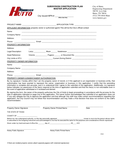 First page of the Subdivision Construction Plan Master Application
