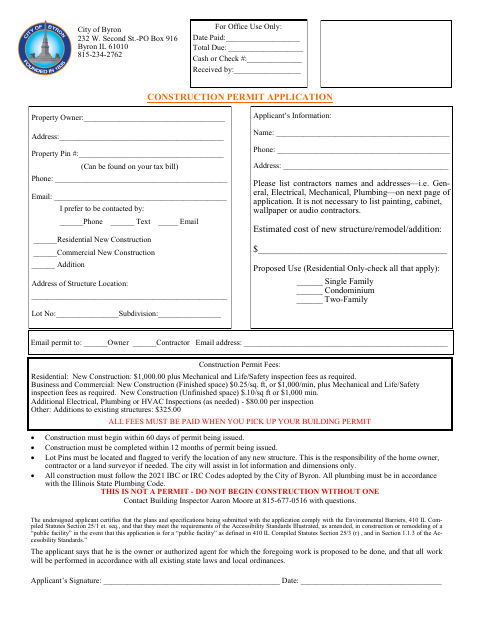 First page of the Construction Permit Application