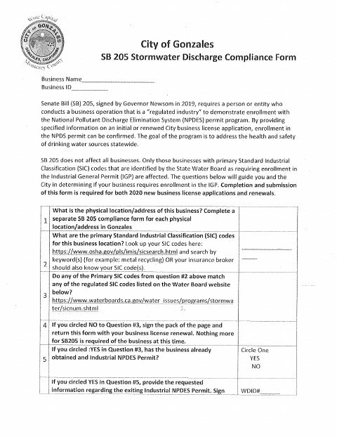 First page of the Stormwater Discharge Compliance Form
