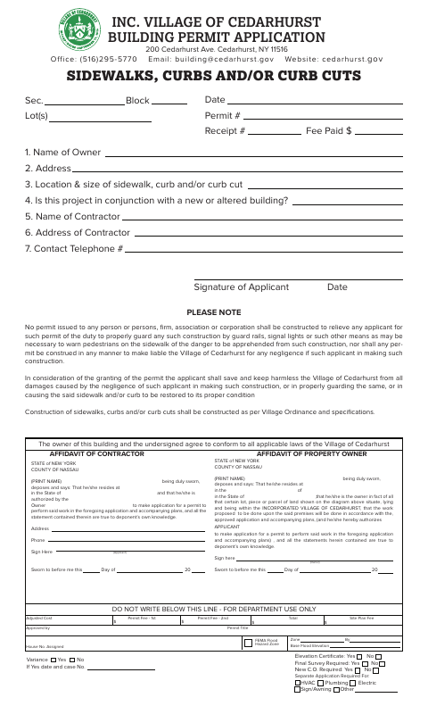 First page of the Sidewalk, Curb And Curb Cut Permit Application