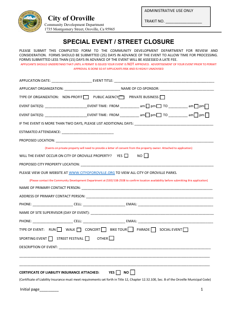 First page of the Special Event / Street Closure