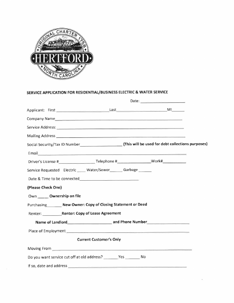First page of the Utility Service Application