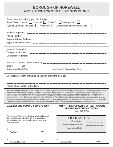 First page of the Street Opening Permit Application
