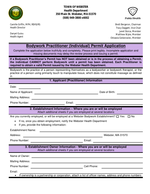 First page of the Bodywork Practitioner (Individual) Permit Application