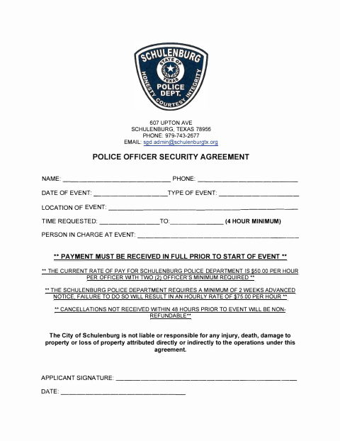 First page of the Police Officer Security Agreement