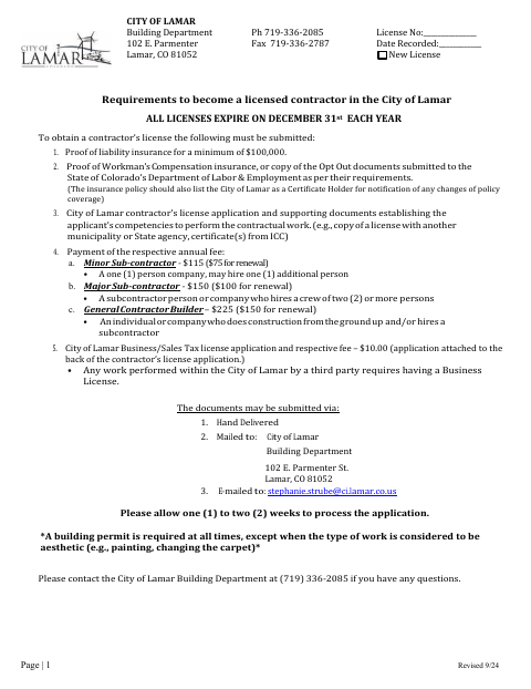First page of the Contractor License Application