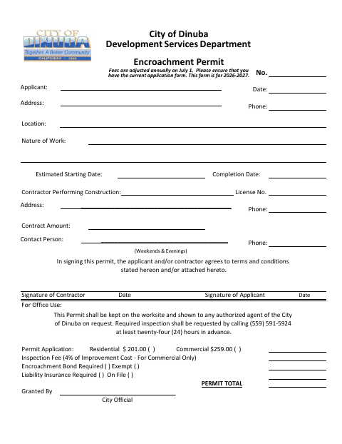First page of the Encroachment Permit
