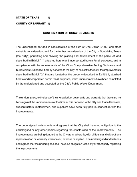 First page of the Confirmation of Donated Assets