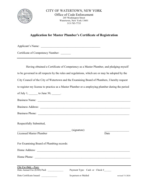 First page of the Application for Master Plumber’s Certificate of Registration
