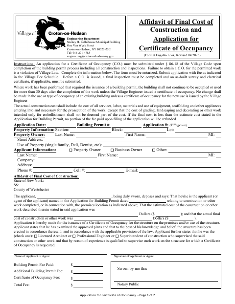 First page of the Affidavit of Final Cost of Construction and Application for Certificate of Occupancy