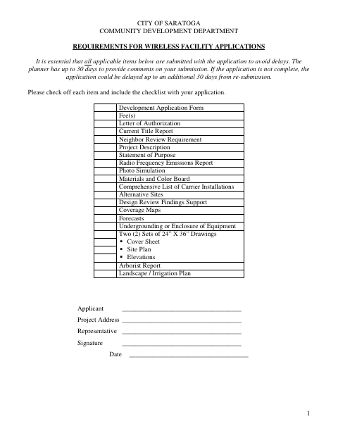 First page of the Requirements for Wireless Facility Applications