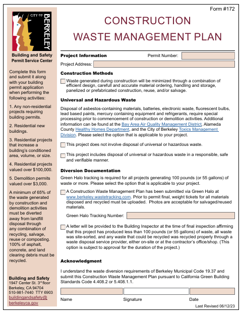 First page of the Construction Waste Management Plan